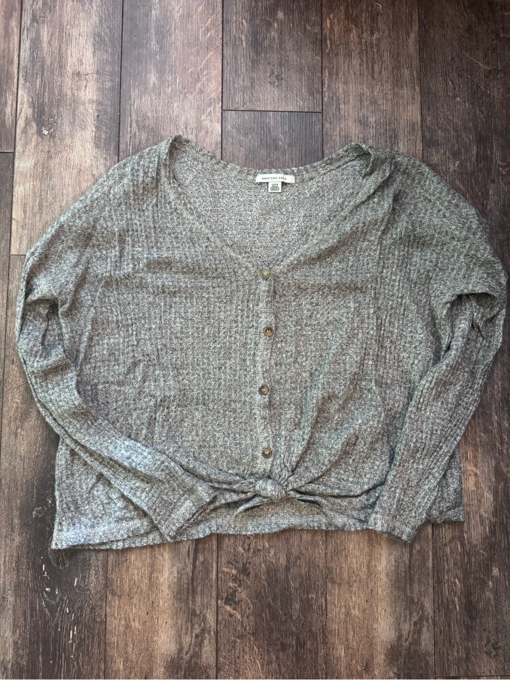 American Eagle Outfitters Heather Gray V-Neck Button Front Knit Top